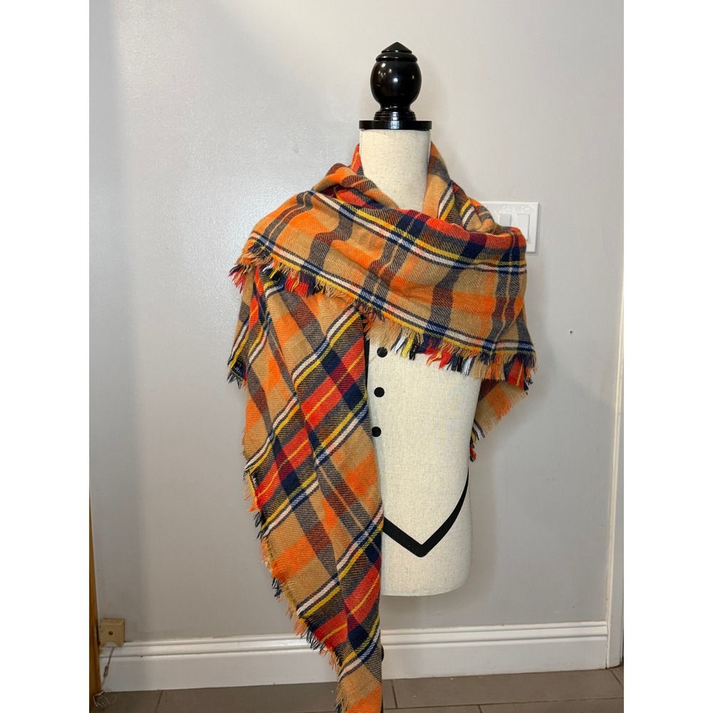 Orange Plaid Blanket Scarf Oversized Square Wrap Frayed Fringe Navy Tan Yellow